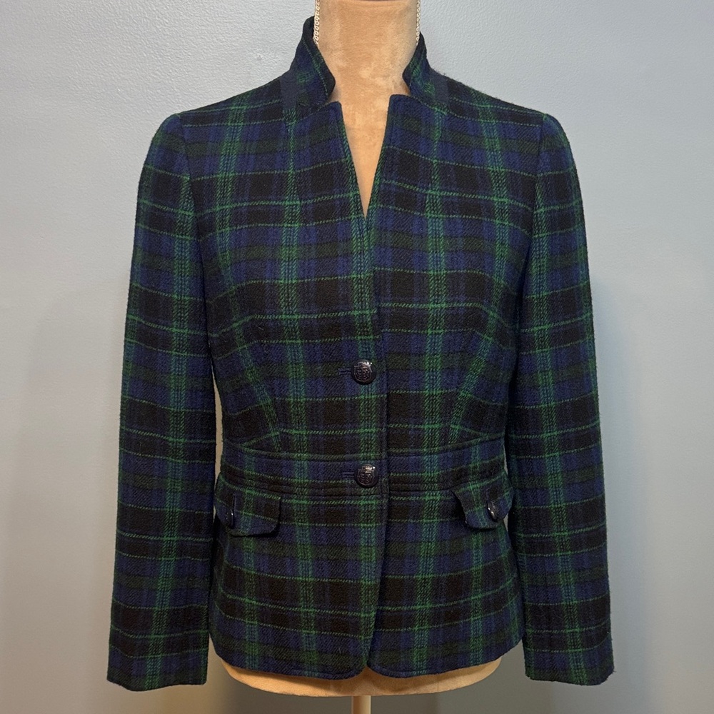 Talbots Petites Blue, Green & Black Tartan Pattern Wool Blend Blazer Size 2P
